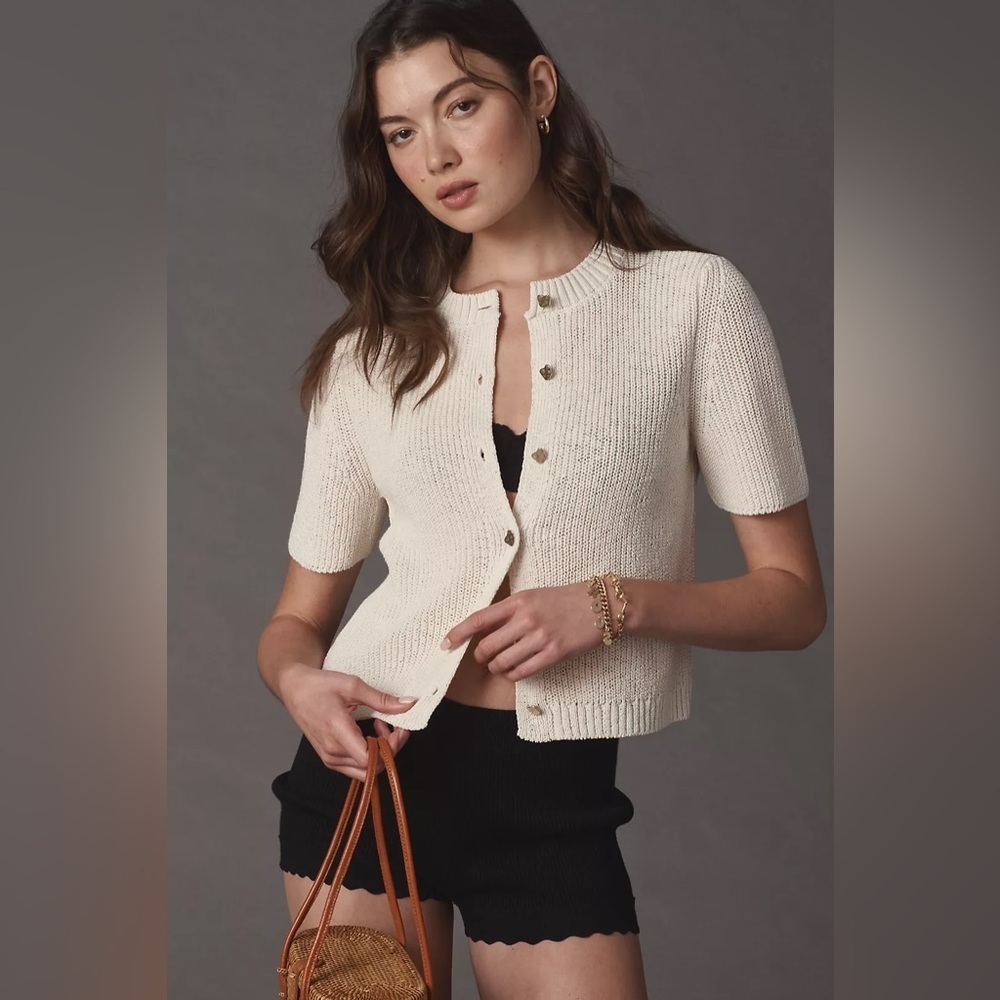 NWOT Anthropologie Maeve Short-Sleeve Button-Front Cardigan Ivory White